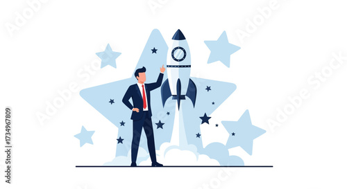 Businessman Launches Rocket Amidst Stars Representing Startup, Success, And Achievement