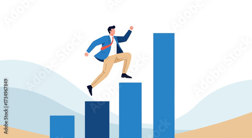 Businessman Leaping Towards Success Represented By Ascending Business Charts Imagery