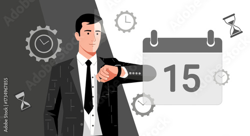 Businessman managing time looking at his watch with calendar and clock elements