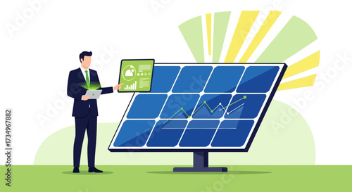 Businessman monitoring solar energy output next to sunlight solar panel, electricity  generation