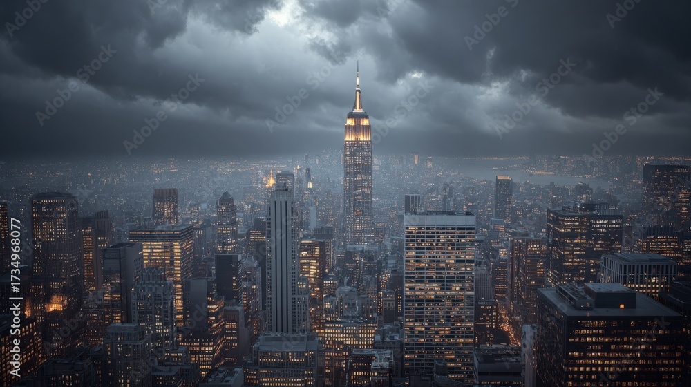 Fototapeta premium Dramatic Skyline View of a Major City at Dusk, Featuring Illuminated Buildings and Moody Atmosphere