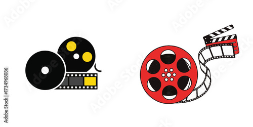 Cinema and Film Industry Concept Illustrations with Movie Reels, Filmstrips, and Clapperboard