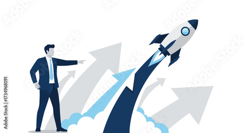 Businessman Points at Rocket Launching, Showing Success, Innovation, and Expansion of Ideas.