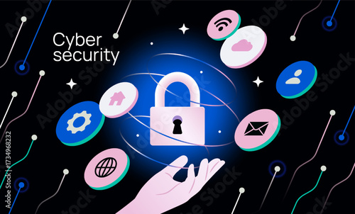 Cyber security concept. Banner with hand holding lock surrounded by digital information. Privacy and data protection on Internet. Innovative technologies for safety. Cartoon vector illustration