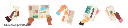 Set of hands with newspaper. Hands of men and women holding fresh magazines or media publications. People reading daily news in press. Flat vector illustration collection isolated on background
