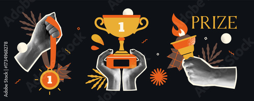 Trendy halftone collage. Banner with realistic textured hands holding medal, cup, and Olympic flame. Characters with awards, prizes, and trophies for winning sporting events. Flat vector illustration