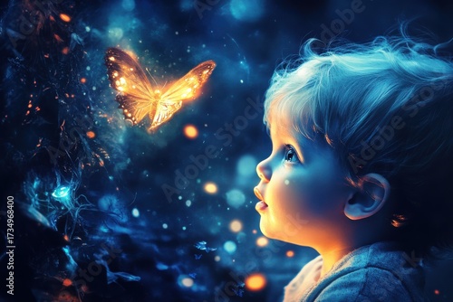 Child gazing at glowing butterfly in magical forest scene