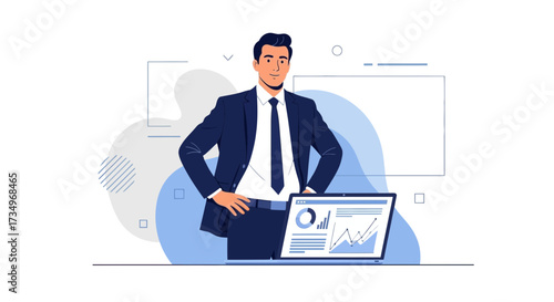 Businessman presenting data analysis on a laptop screen and his business achievements