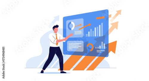 Businessman Presenting Data Analysis on Screen with Upward Arrows for Business Growth