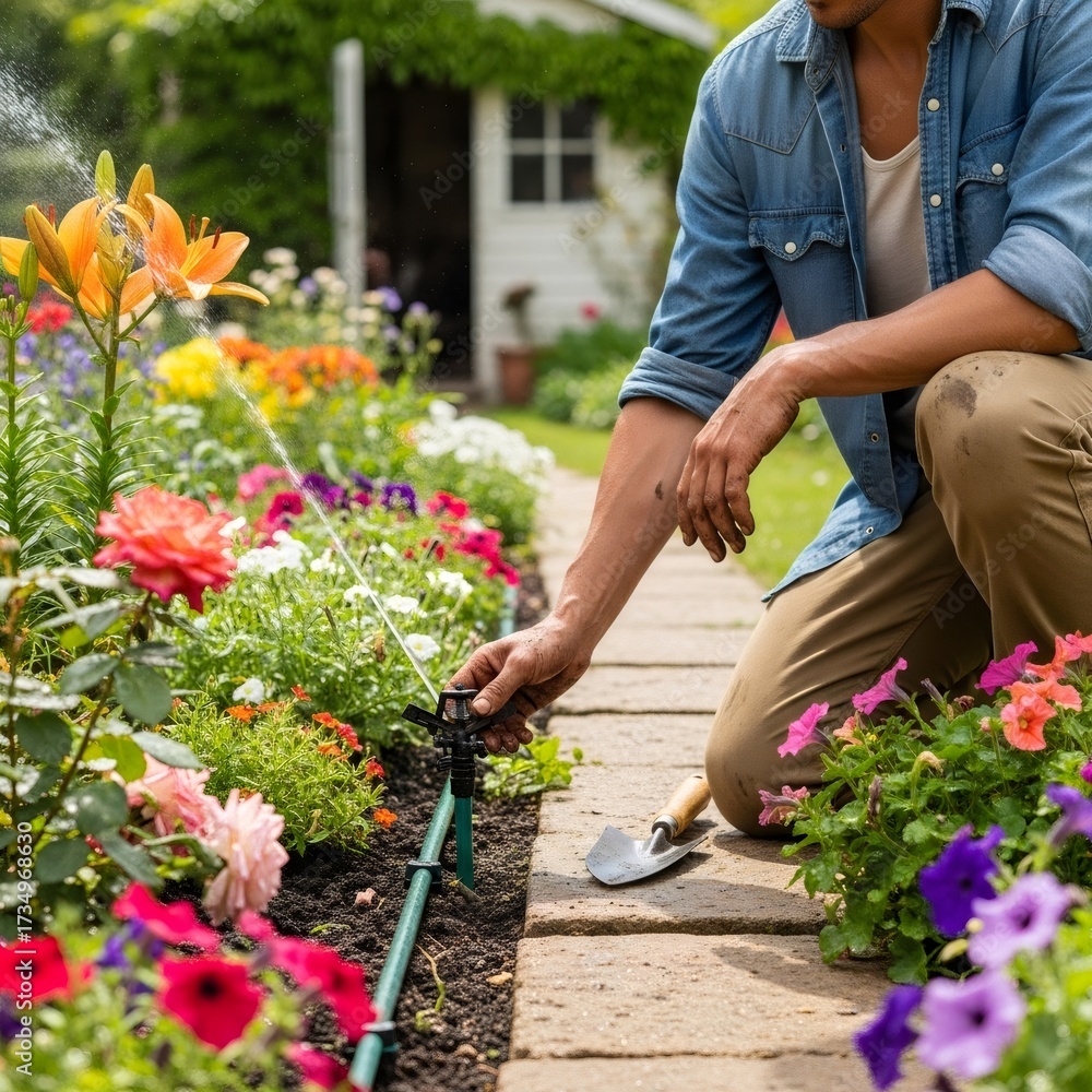Fototapeta premium Man gardening in an outdoor flowerbed, adjusting a sprinkler for watering flowers in a garden. Home garden care concept.