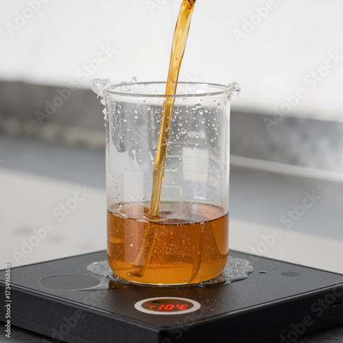 viscous golden liquid (oil or polymer) being poured into a glass beaker resting on a digital heating/cooling plate displaying a low temperature, with frost/ice around the beaker's rim
