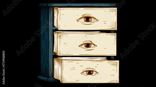 Surreal vintage wooden cabinet with three drawers, each featuring an open human eye, mysterious symbolism illustration.