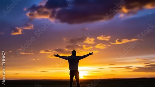 Man with outstretched arms embracing the vibrant sunset sky.