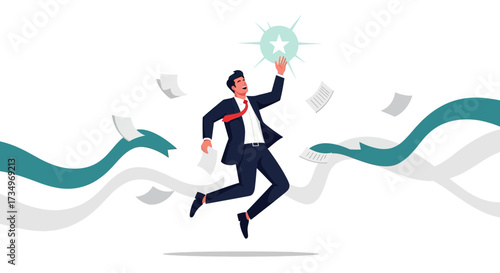 Businessman Reaching For A Goal Achieving Success and Celebrating The Victory
