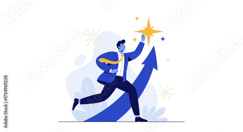 Businessman Reaching For A Star Symbolizing Success, Ambition, And Achievement