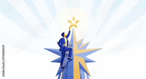 Businessman reaching for a star symbolizing success and achieving goals in business