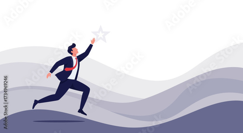 Businessman Reaching For His Dreams, Chasing Ambition, Success, And Motivation Concept Illustration