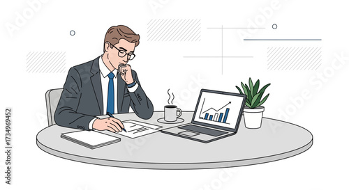 Businessman Reviewing Financial Data And Thinking About Strategy With Coffee And Laptop