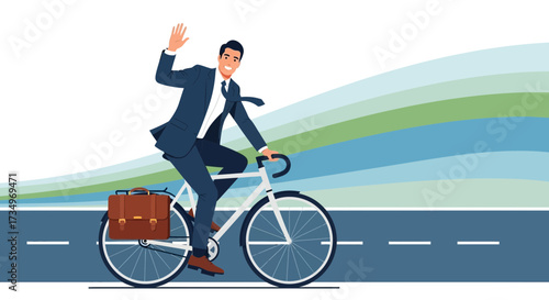 Businessman Riding a Bicycle to Work Illustrating Concepts of Business and Transportation