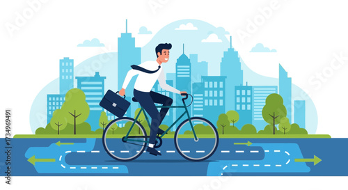 Businessman Riding Bicycle To Work In The City, Eco-Friendly Transportation Concept