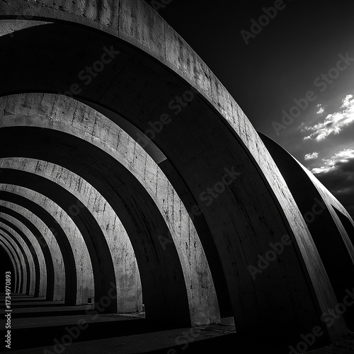 Abstract Brutalist Architecture: A Dramatic Perspective of Concrete Arches in Black and White