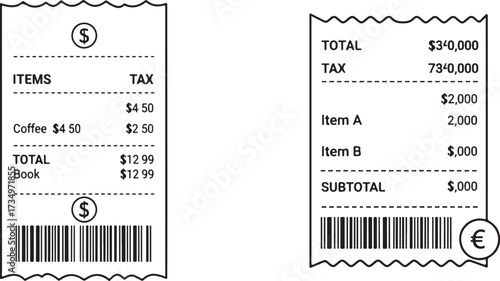 Vector Illustration of Two Financial Receipts Displaying Transaction Information and Currency Symbols