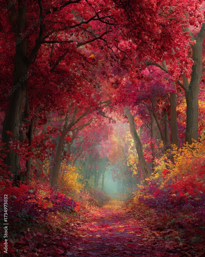 Fototapeta premium Crimson Canopy - Enchanted Forest Path with Dreamy, Ethereal Light.