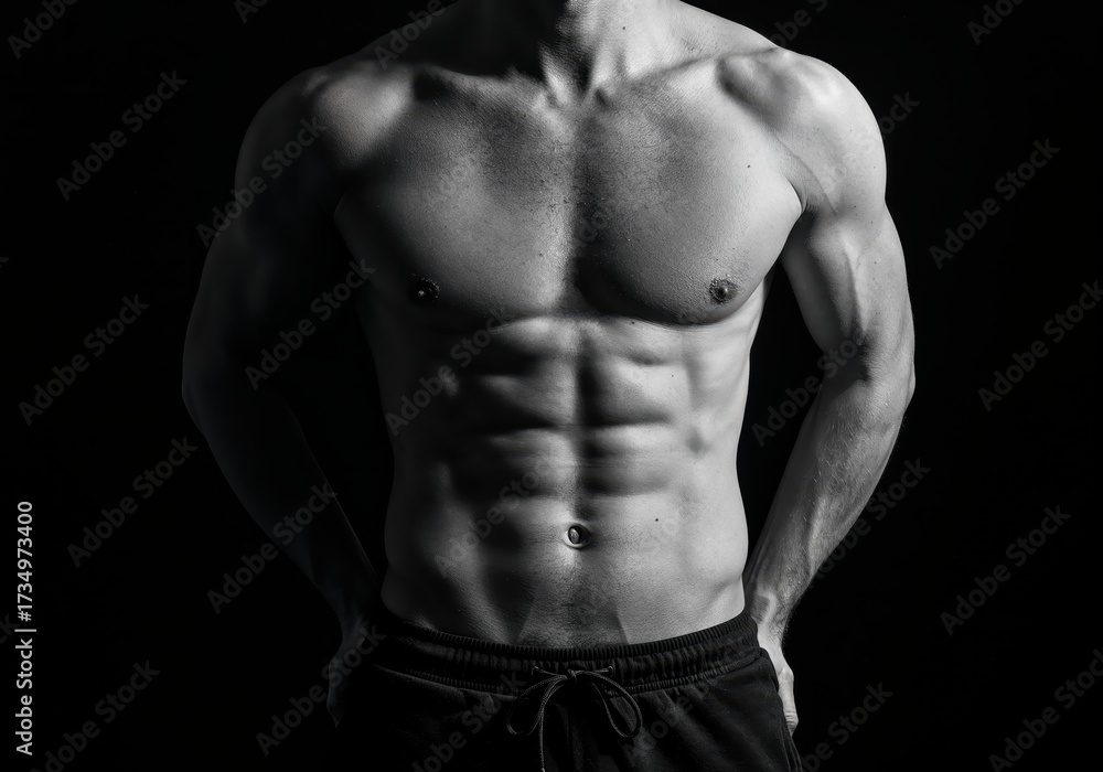 Fototapeta premium Muscular Body: A grayscale image of a sculpted male torso showcasing a defined six-pack and strong physique, representing fitness, health, and body-building ideals.