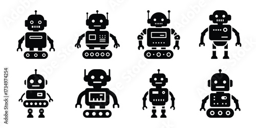 robot minimal flat icon set vector illustration. black color and white background
