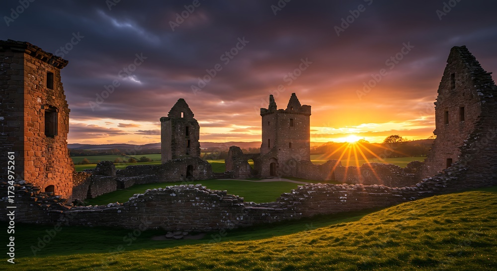 Obraz premium Ancient castle ruins silhouetted against a vibrant sunset sky landscape