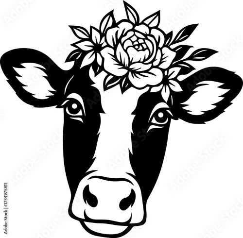 Black and white vector illustration of cow head with decorative flowers, clean outline,  isolated on white background