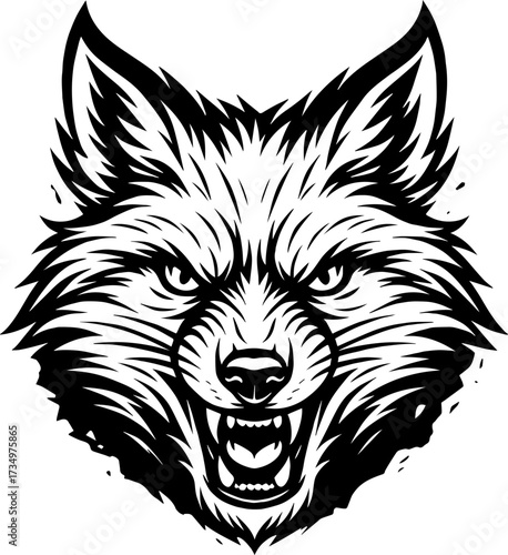 Black and white vector illustration of a wild fox head, detailed outline, sharp silhouette, clean line art