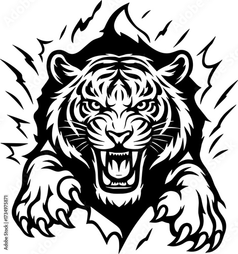 Black and white vector of roaring tiger head with extended paws and sharp claws, clean outline, , isolated on white background