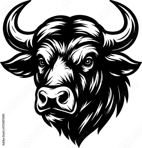 Black and white vector illustration of buffalo full body with large horns, clean outline,  isolated on white background