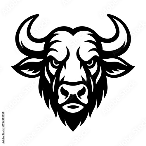 Black and white vector illustration of buffalo full body with large horns, clean outline, no shading, isolated on white background