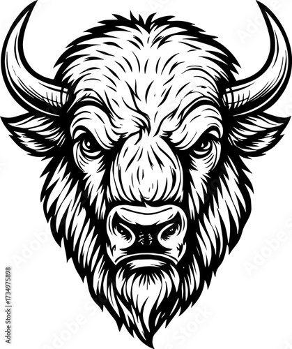 Black and white vector illustration of buffalo full body with large horns, clean outline, no shading, isolated on white background