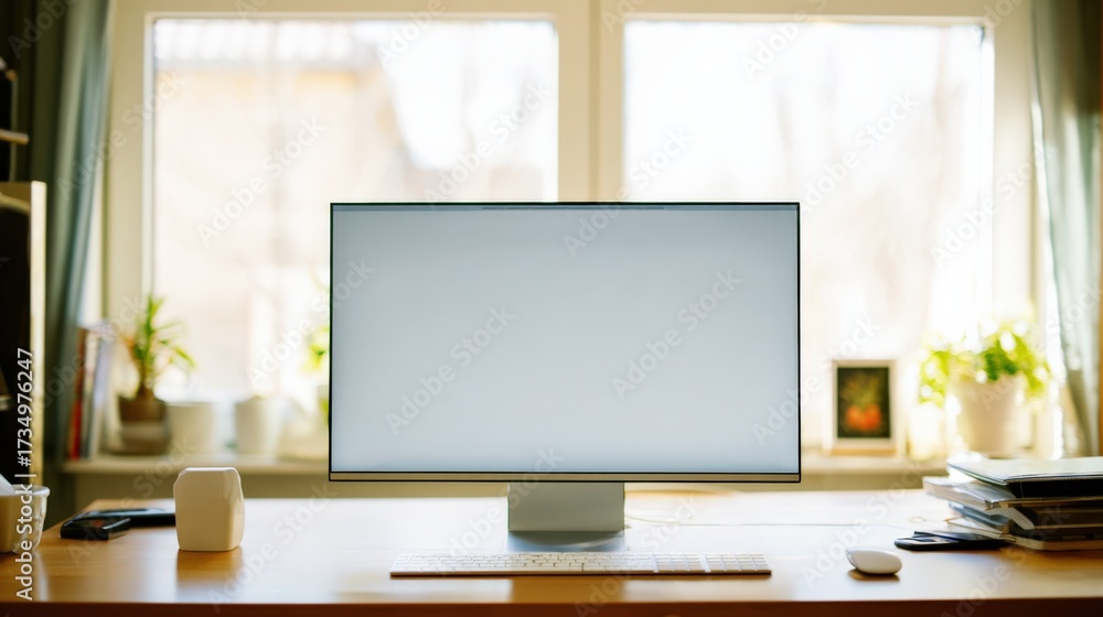 Fototapeta premium Modern Minimalist Workspace Setup: Desktop Computer on Wooden Desk with Bright Natural Light