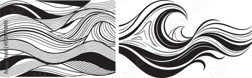 Abstract Black and White Wave Designs with Flowing Lines