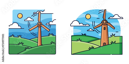 Clean Energy Landscape with Windmills and Turbines on Green Hills