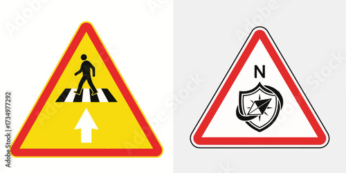 Road Safety Warning Signs Featuring Pedestrian Crossing and Navigational Compass