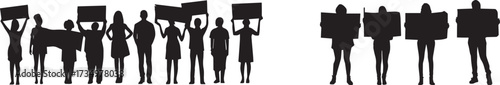 Silhouettes of protesters marching with signs for justice and equality rights