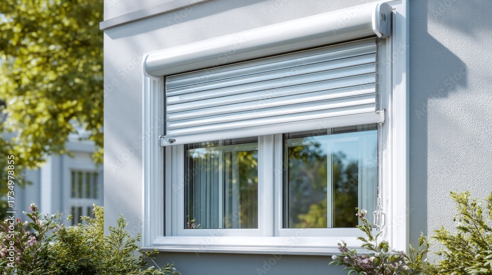 Fototapeta premium Modern White Roller Shutter on Window with Fresh Greenery Background