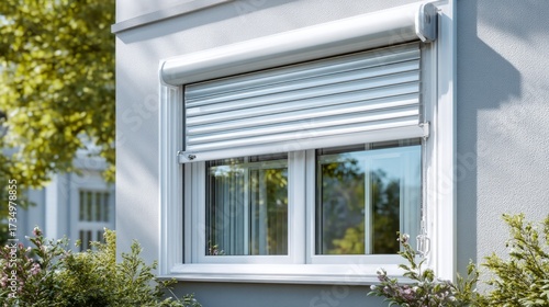 Modern White Roller Shutter on Window with Fresh Greenery Background