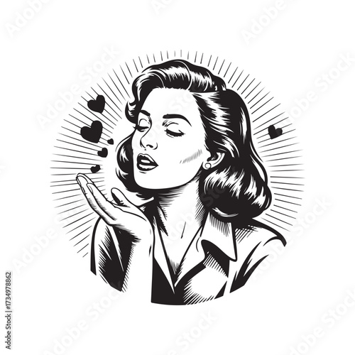 Classic Pin Up Girl Sending Love Vector Art