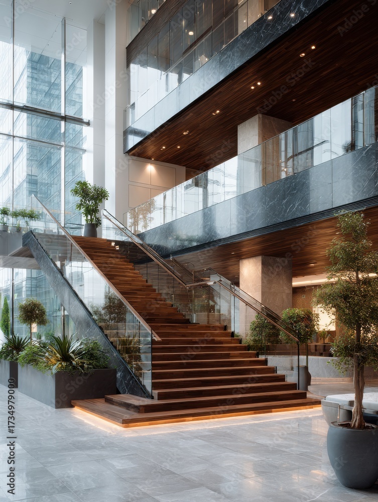 Obraz premium Glass and steel staircase in a corporate office lobby