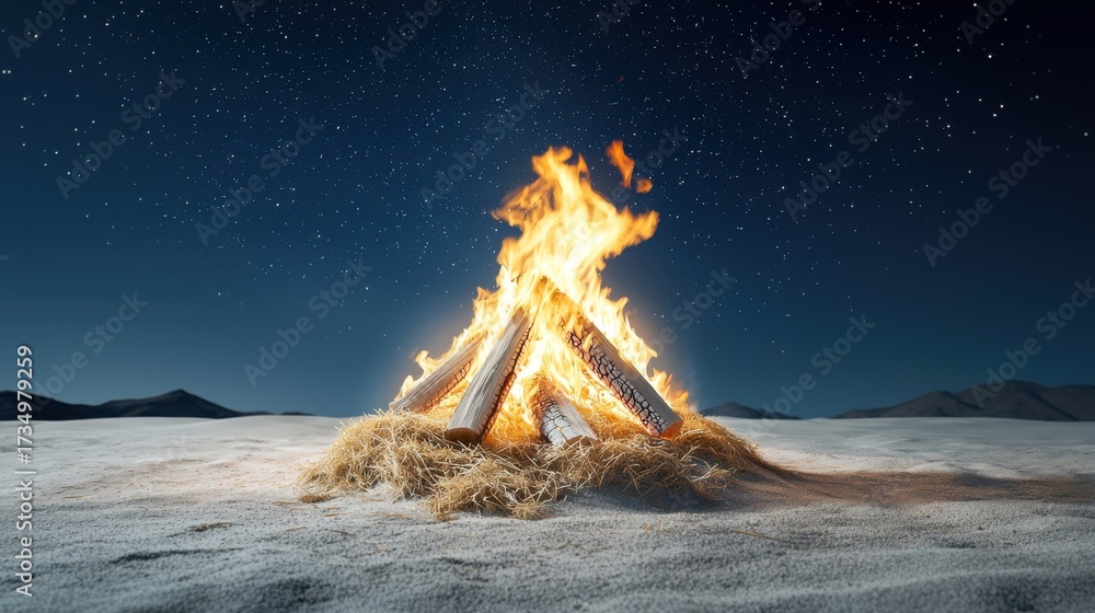 Fototapeta premium Glowing Bonfire with Vibrant Flames Against Starry Night Sky