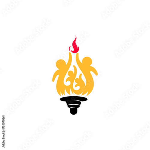torch logo and a number of people gathered together