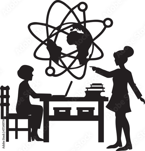 Silhouette illustration of teacher explaining science to student with laptop globe