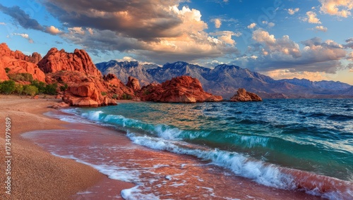 Dramatic seascape featuring vibrant red rock formations, a sandy beach, and turquoise waves crashing on shore under a colorful sky.