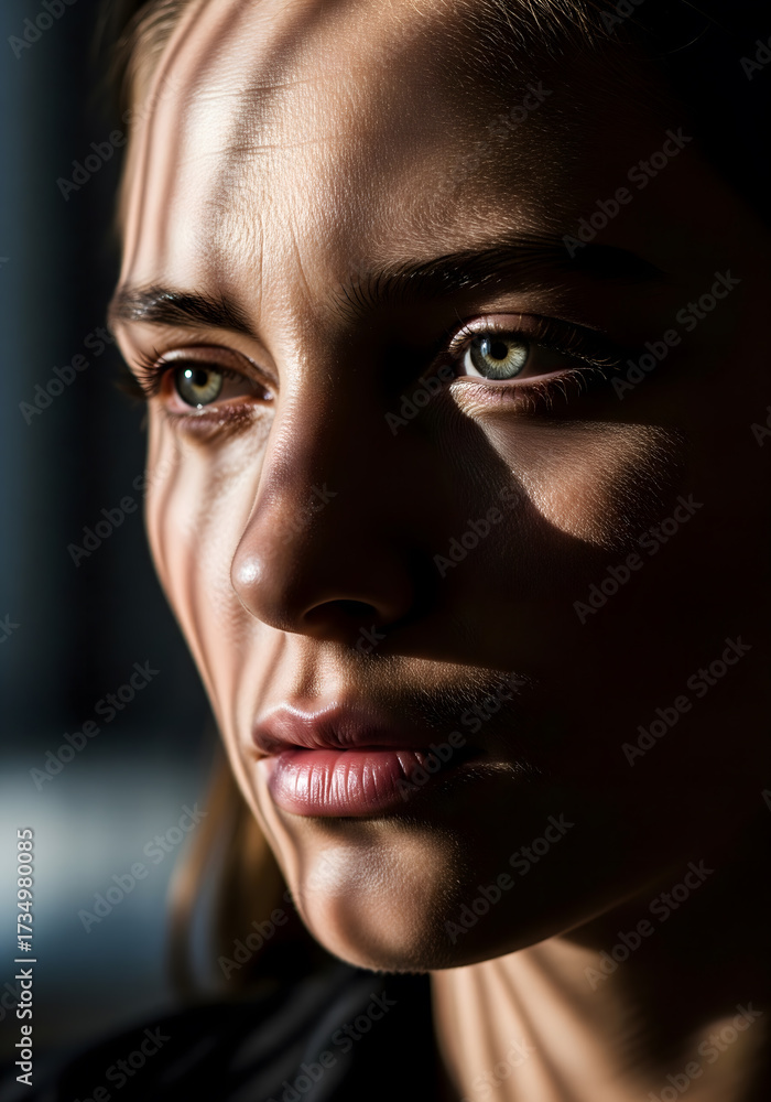 Obraz premium Dramatic Close-up of a Woman's Face with Window Shadows